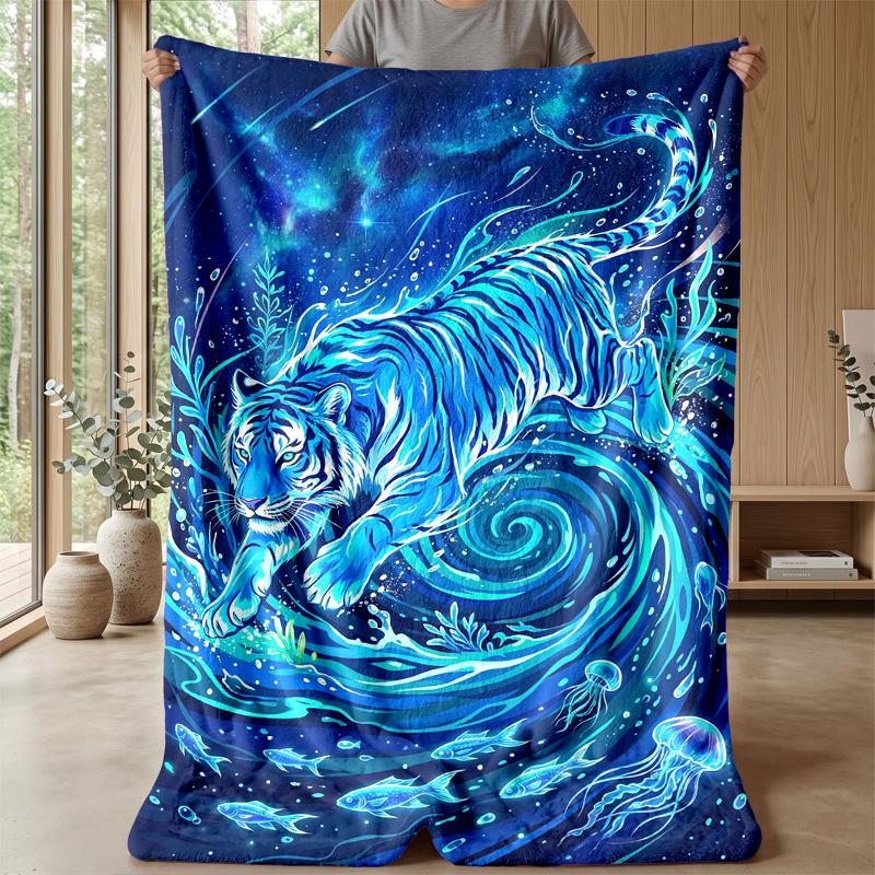 Blue Tiger Ocean Wave Blanket Personalized Name Flannel Blanket Soft Cozy Plush Throw for Sofa Bed Lightweight Home Decor