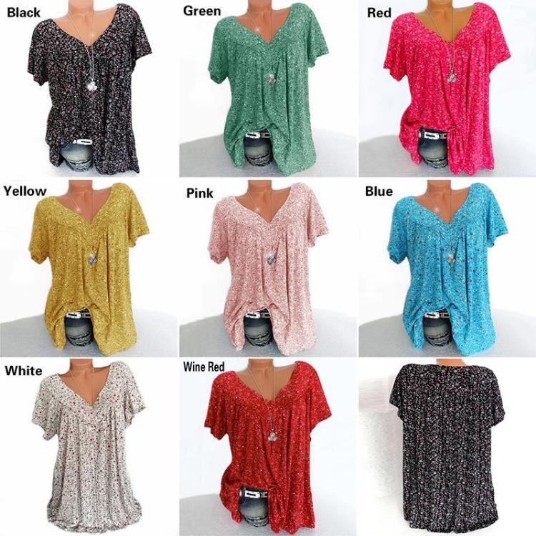 Letní ležérní dámské plus size tričko s krátkým rukávem, volné, s potiskem, s výstřihem do V