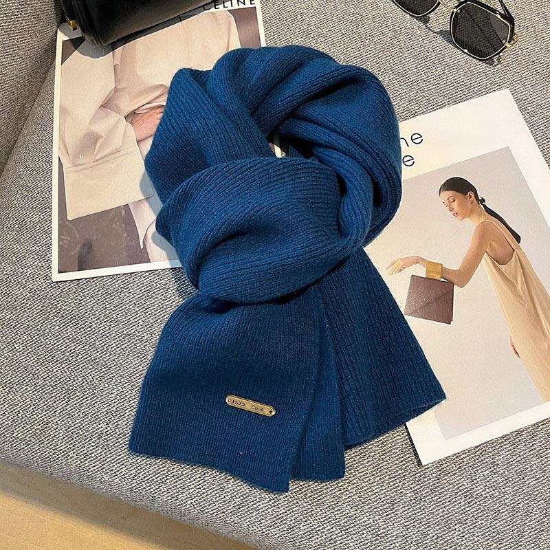 

Autumn And Winter Solid Color Knitted Scarf For Women High-End Thick Warm Versatile Simple Scarf синий