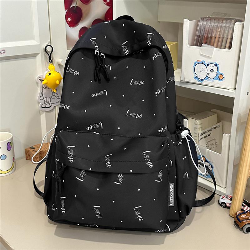 Cream Allover Love Print School Backpack with Front Pocket Side Drawstrings Casual Daypack for Girls
