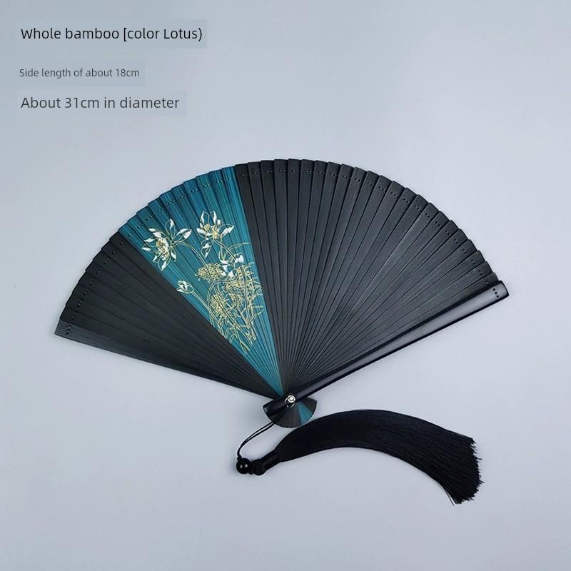 Full Bamboo Fan Folding Fan Chinese Style Female Antique Tassel Small Size Portable Portable Classical Hanfu Cheongsam Folding Fan