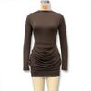 Women's Slim-Fit Pleated Dress: Long Sleeve, Waist-Cinching, Solid Color, Hip-Hugging Design