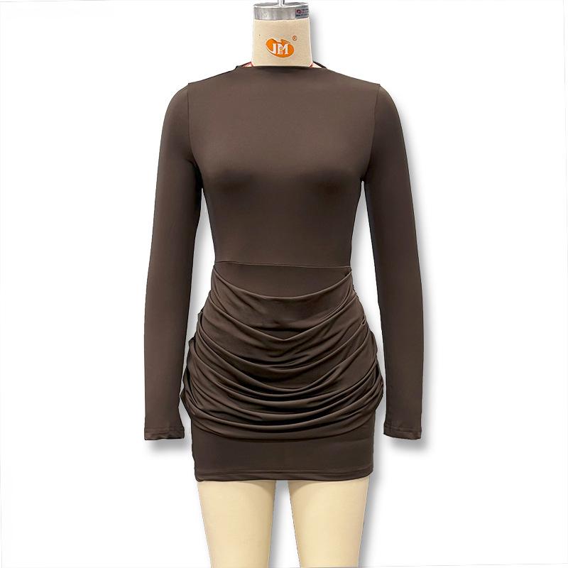 Women's Slim-Fit Pleated Dress: Long Sleeve, Waist-Cinching, Solid Color, Hip-Hugging Design