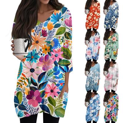 Women's Casual V-neck 3/4 Sleeve Vintage Floral Print Top