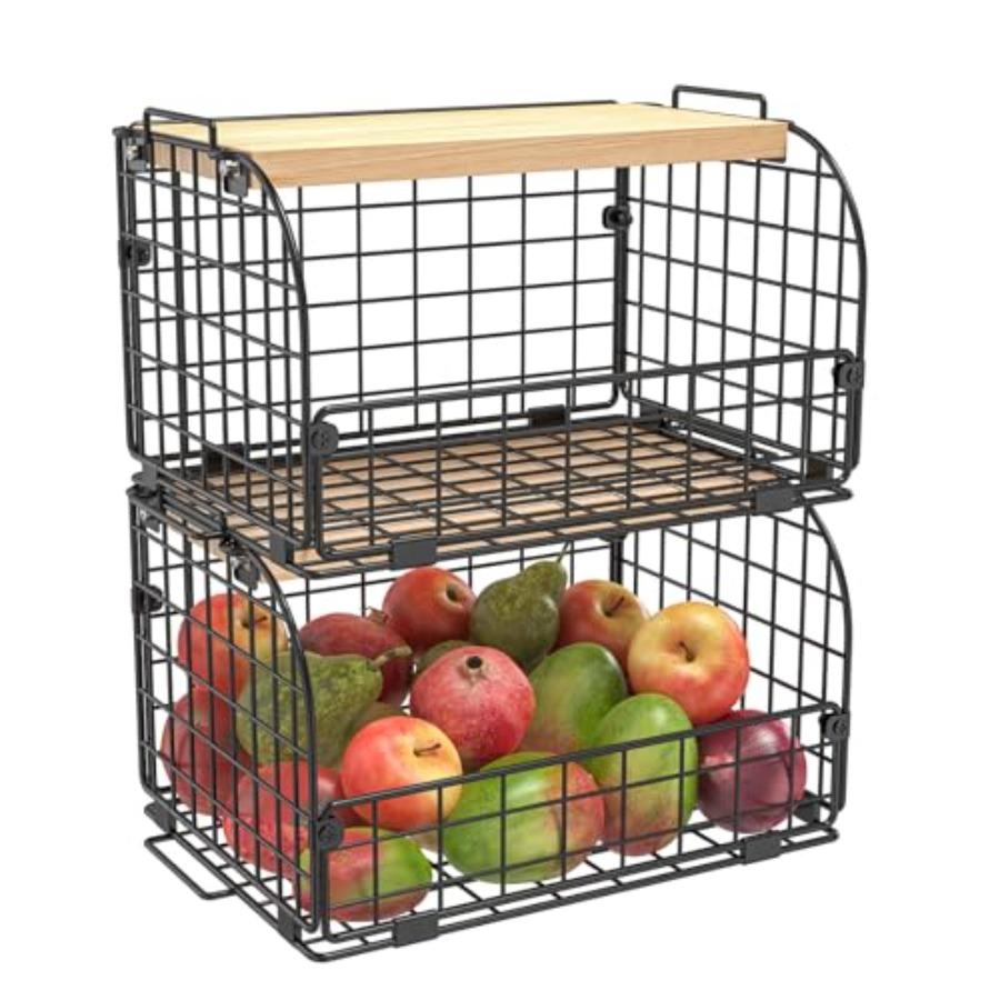 2 Set Stackable Wire Basket with Openable Top for Kitchen Counter Pantry Organizer Storage Bin for s Potatoes Fruits Veggies Br