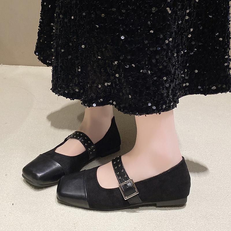 Frühling Neue Flache Schuhe Damen Eckiger Kopf Spleißen Wildleder Flacher Ausschnitt Nieten mit Weicher Sohle Rutschfeste Einzelne Schuhe