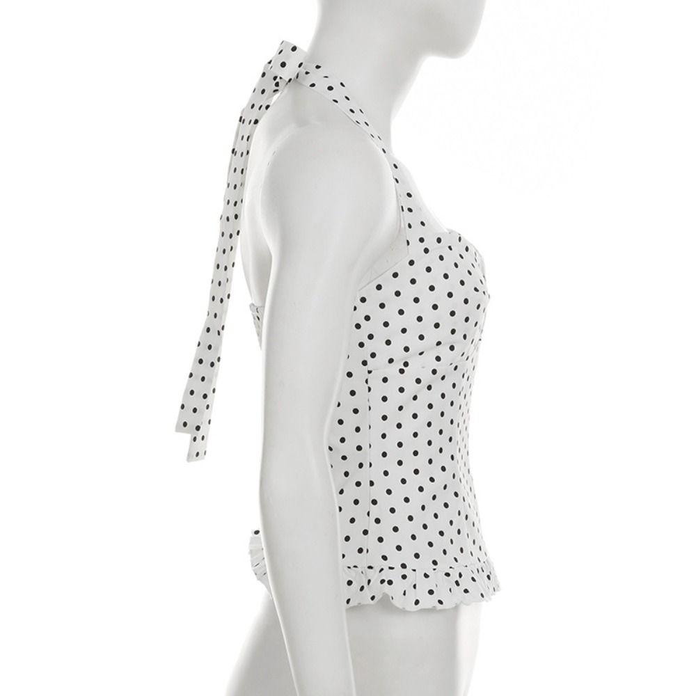 Dot Sleeveless Crop Top Lace Up Women Camisole Stylish Halter Ruffle Vest Top  Summer