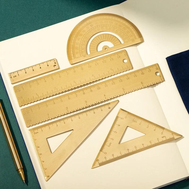 Metal Brass Straight Ruler Vintage Triangle Protractor Measuring Tool Kawaii Painting Drafting Supplies Korean Stationery Office