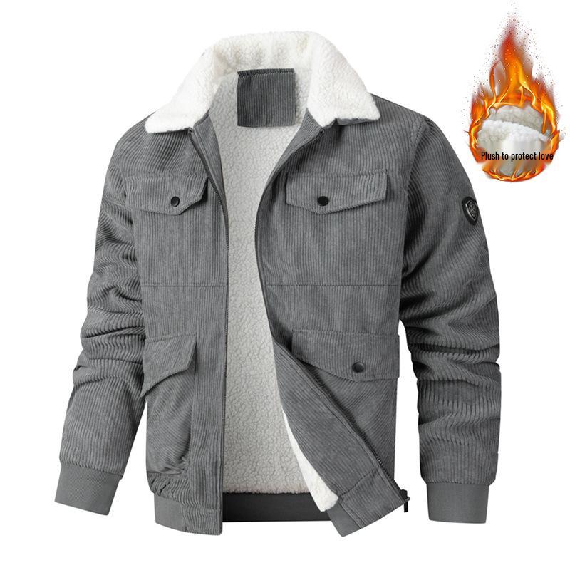 

Men s Thick Corduroy Workwear Jacket with Lambswool Collar - Multi-Pocket, Plus Velvet for Autumn/Winter L серый
