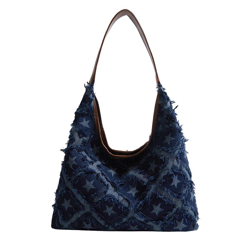 Star Print Frayed Denim Tote Bag Large Capacity Casual Shoulder Handbag for Women
