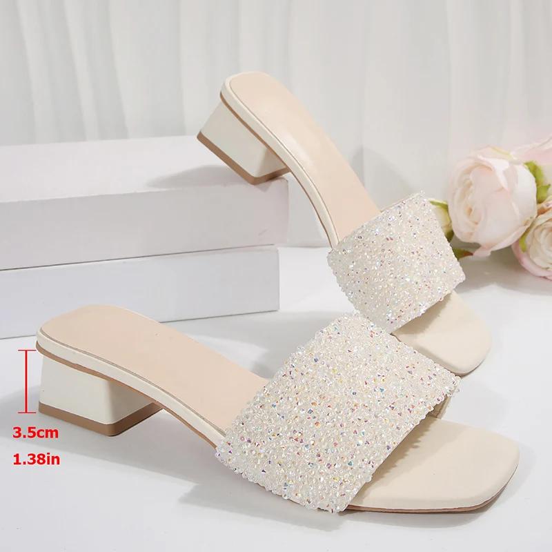 Shiny Sequins Thick Heel Sandals for Women 2025 Summer Fashion Square Toe Women's Slippers Plus Size 42 Comfort Outdoor Slides
