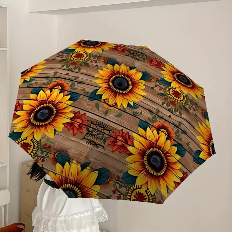 1pc Sunflower Pattern Automatic Folding Umbrella, Heavy-Duty 8-Rib Construction, Perfect for Everyday Yy251114116