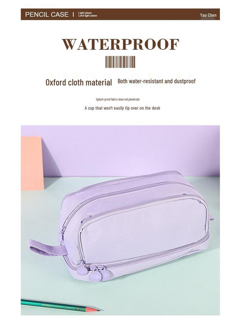 Double-Layer Stain-Resistant Pencil Case: Large-Capacity, Solid-Color Storage Bag for Students