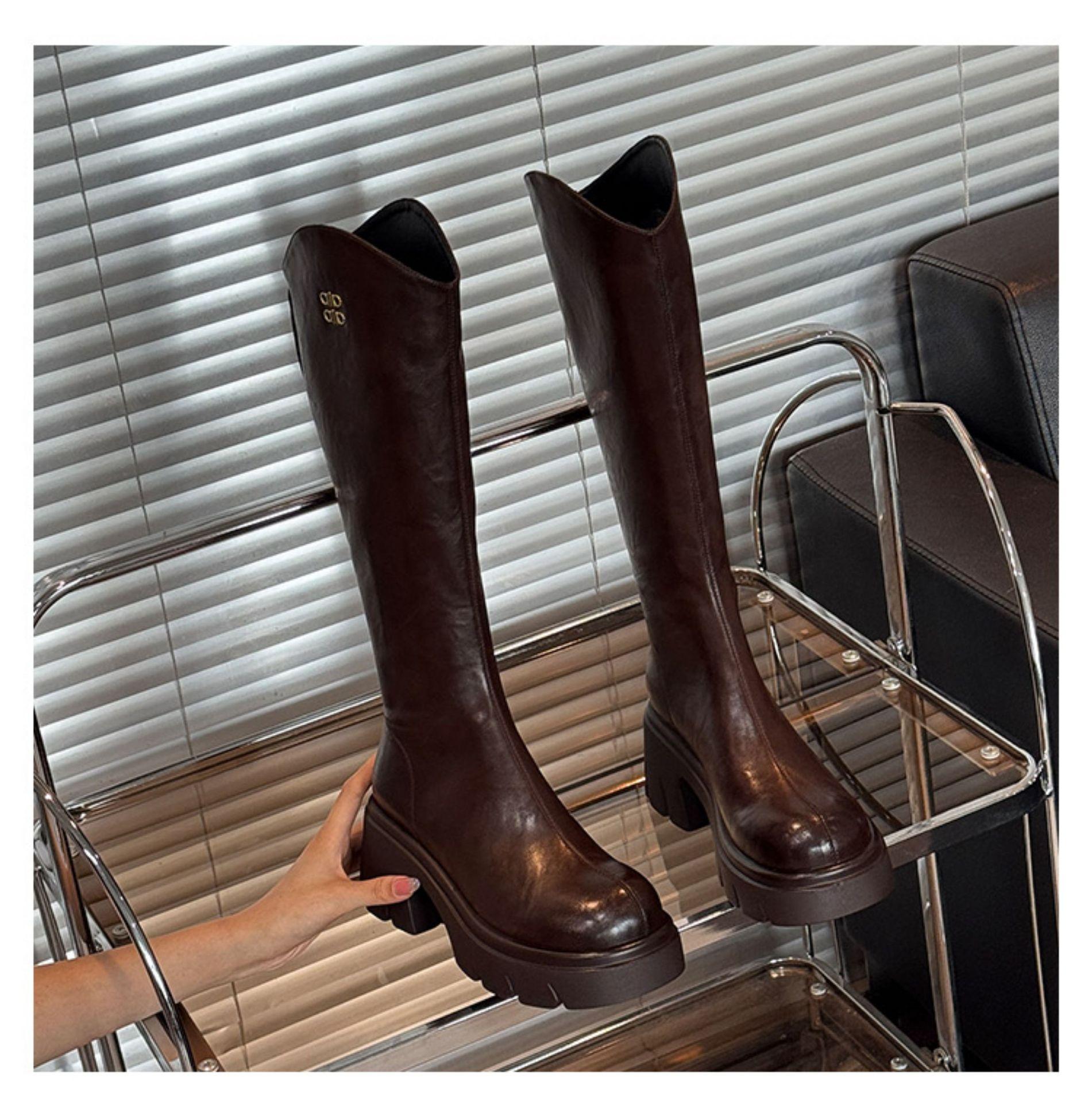 

2025 новые сапоги-рыцари с высоким голенищем на толстой подошве, женские новые бархатные хлопковые туфли, тонкие сапоги, высокие сапоги, большой обхват голенища 40 темно-коричневого