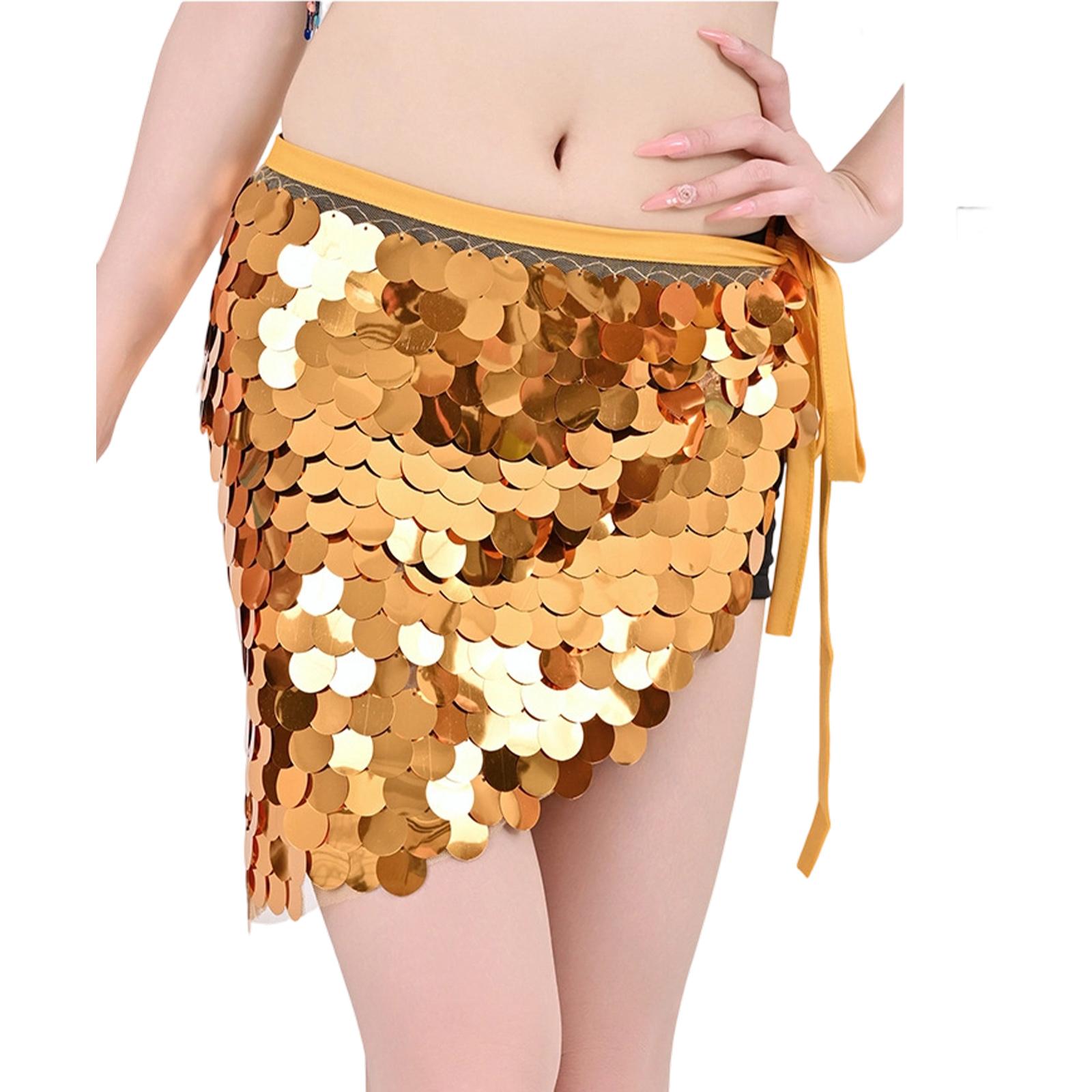 Stage Waist Scarf Belly Dance Costume Sparkling Sequins Lightweight Polyester Fabric Hip Scarf for Women and Girls золотой