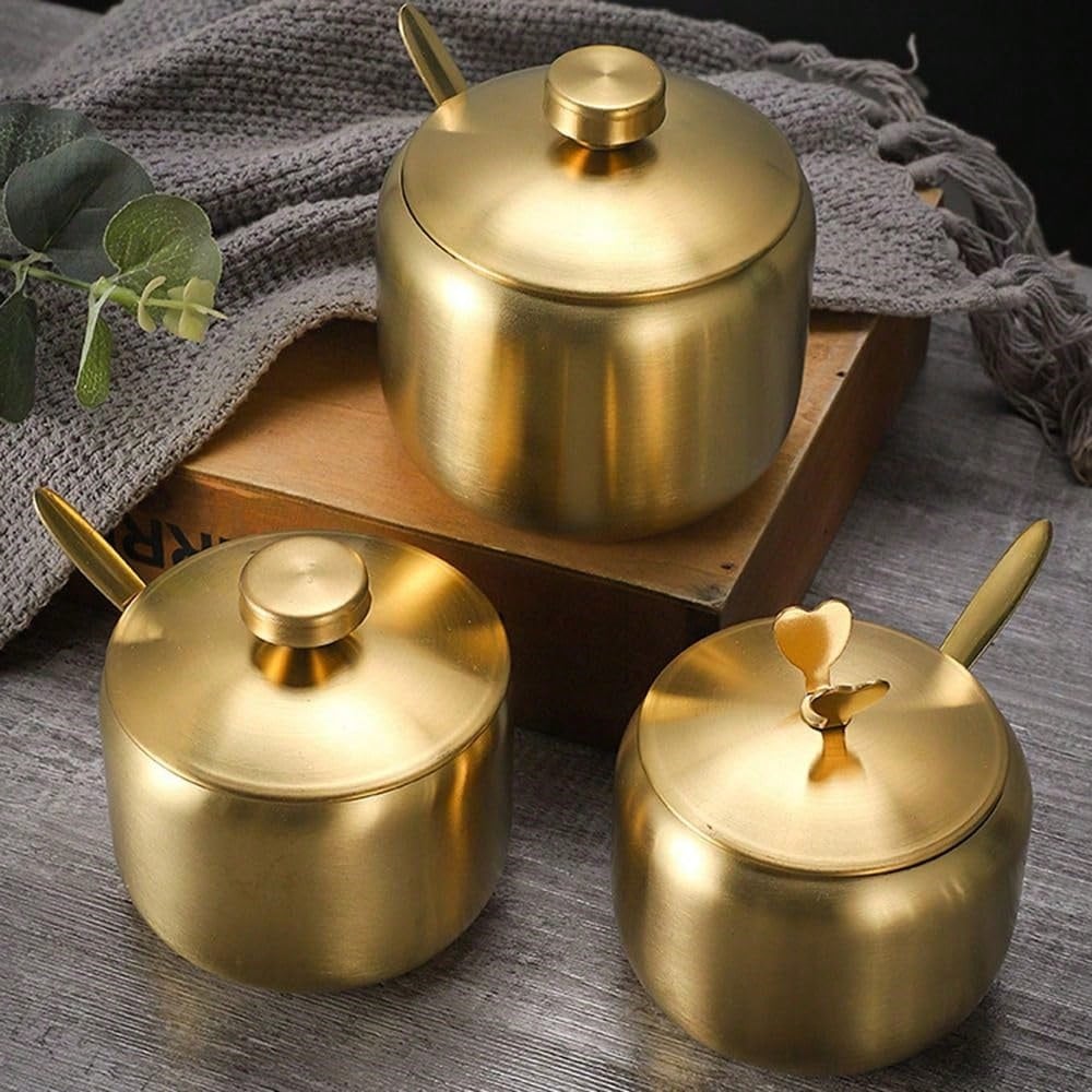 Stainless Steel Seasoning Jar Set with Spoon - Gold Kitchen Condiment Containers for Salt, Pepper, Sugar & Spices - Bbq & Restaurant Essentials