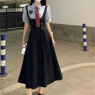 Japoński JK Preppy Style Dwuczęściowy Zestaw Sukienek Moda Lato Nowość Kobiety Odznaka Guzik Krótki Rękaw Koszula Obcisła Sukienka na Ramiączkach