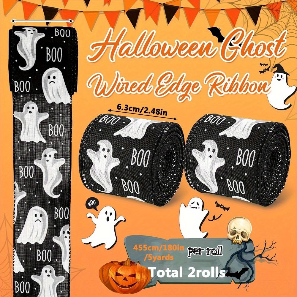 2rolls Halloween Ghost Boo Themed Wired Edge Ribbon Classic Style Black White Halloween Craft Fabric Ribbon for Wreath Bow Making DIY Gift Wrapping