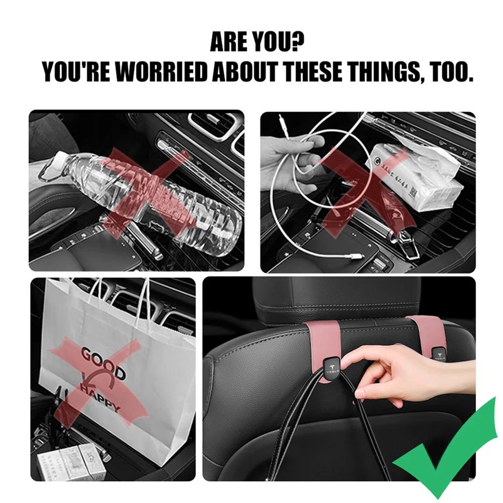Car Sticker 2025 New Tesla Car Seat Back Hook Pu Leather Load-bearing Wear-resistant Hook Storage Hanger For Tesla Model 3 Roads