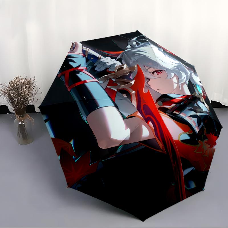 Genshin Impact characters2 Print Automatic Umbrella, 8 Rib Iron Frame, Plastic Handle, Suitable for Outdoor Travel &Daily , Ideal Gift