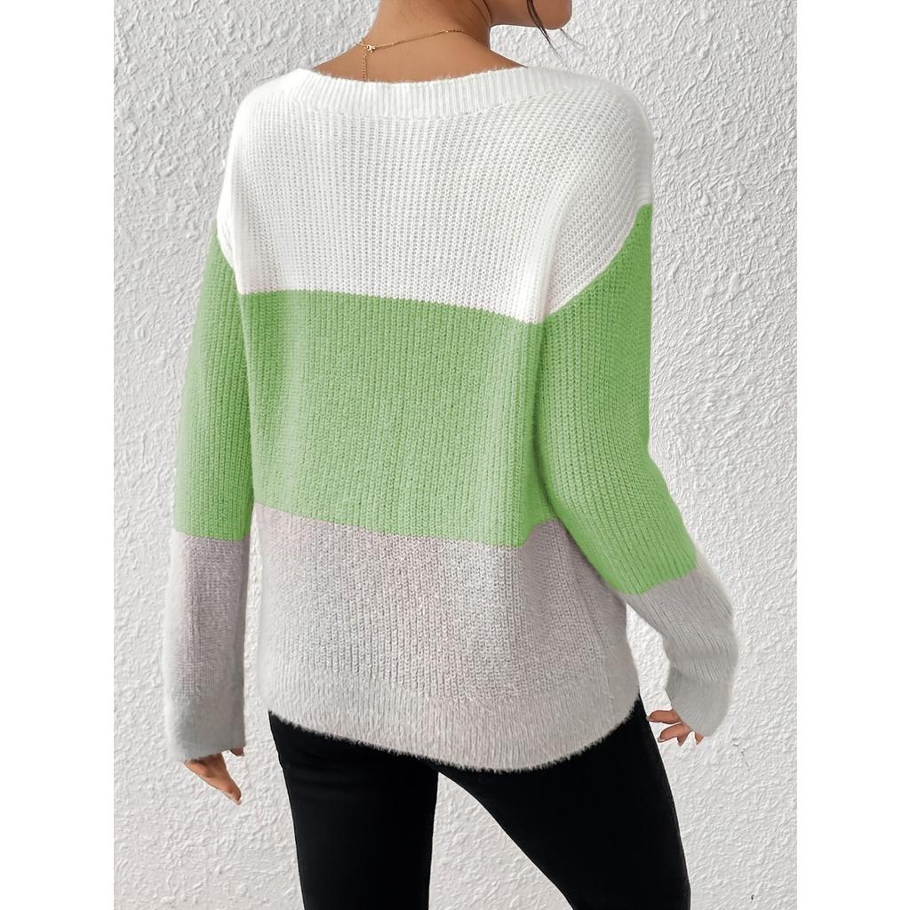 Spring Autumn Women's Color Block Patchwork Knit Sweater, Crew Neck Long Sleeve Pullover Top
