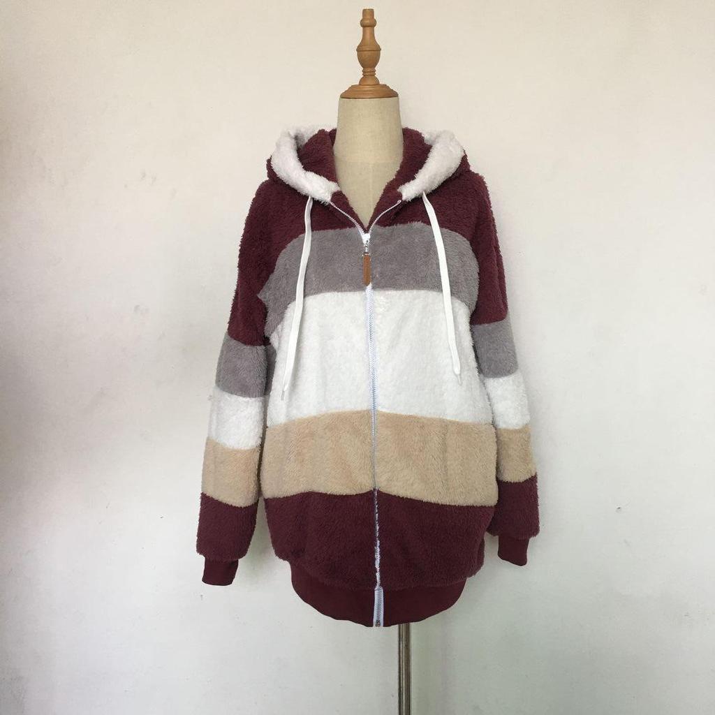 European & American Women's Autumn/Winter 2025 Plush Patchwork Zipper Pocket Hooded Loose Jacket