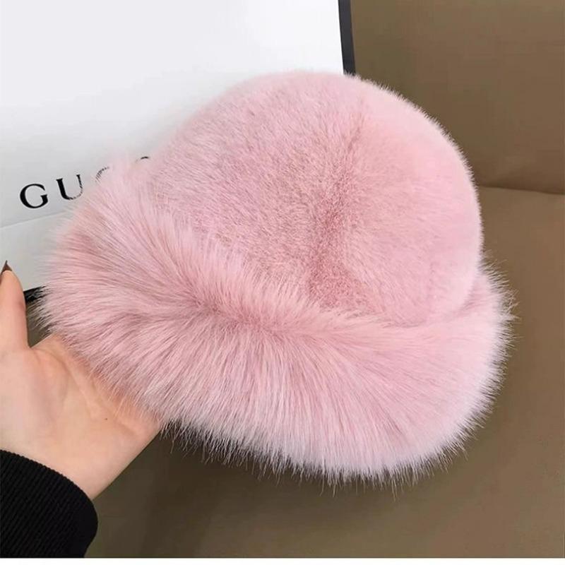 Winter New Plush Imitation Fox Bucket Hat Cold-proof Thickened Hat Imitation Leather Mongolian Warm Ear Protector Basin Hat