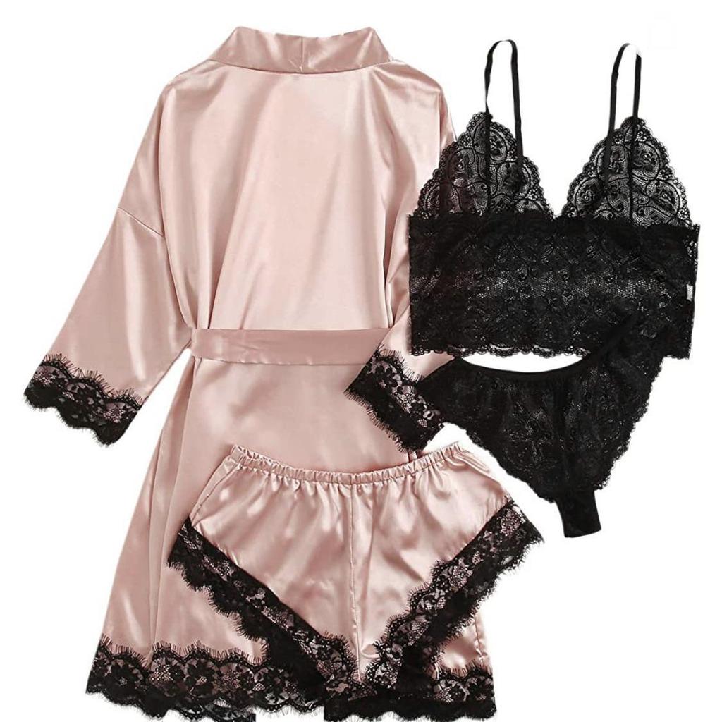 European & American Women's Sexy Lace Pajamas, Plus Size, 4-Piece Set - Homewear & Lingerie