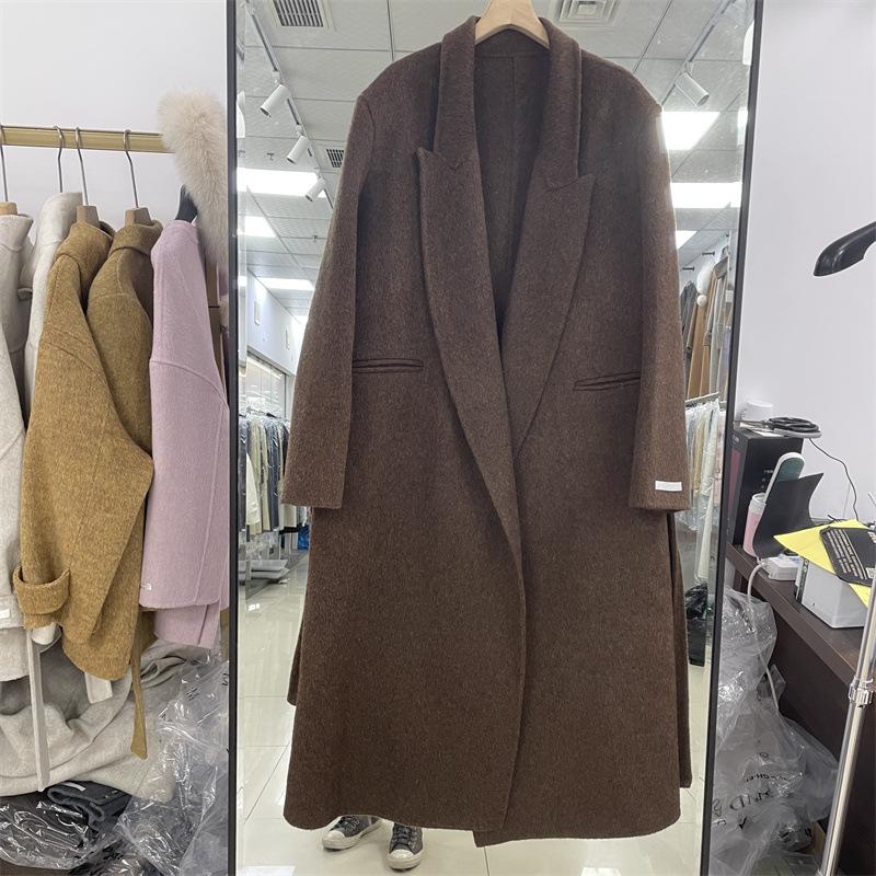 Autumn and winter women's double-sided woolen coat, long over-the-knee woolen coat, high-end lace-up