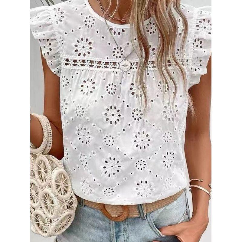 Small Sweet Summer New Western Style round Neck Crochet Hollow White Flying Sleeves Short sleeve Shirts Top Women