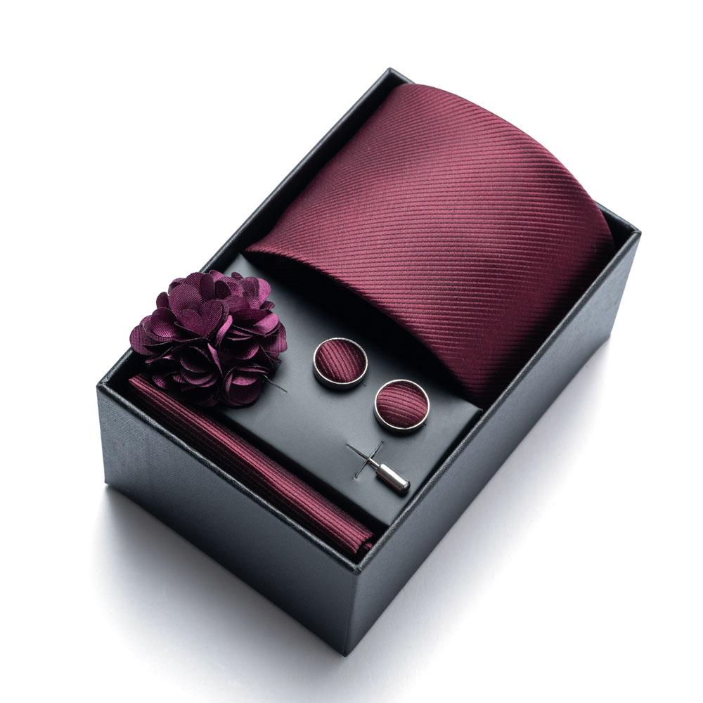 4-piece set - Solid color men s tie, pocket square, cufflinks, and boutonniere, high-quality gift box, stylish and practical, el
