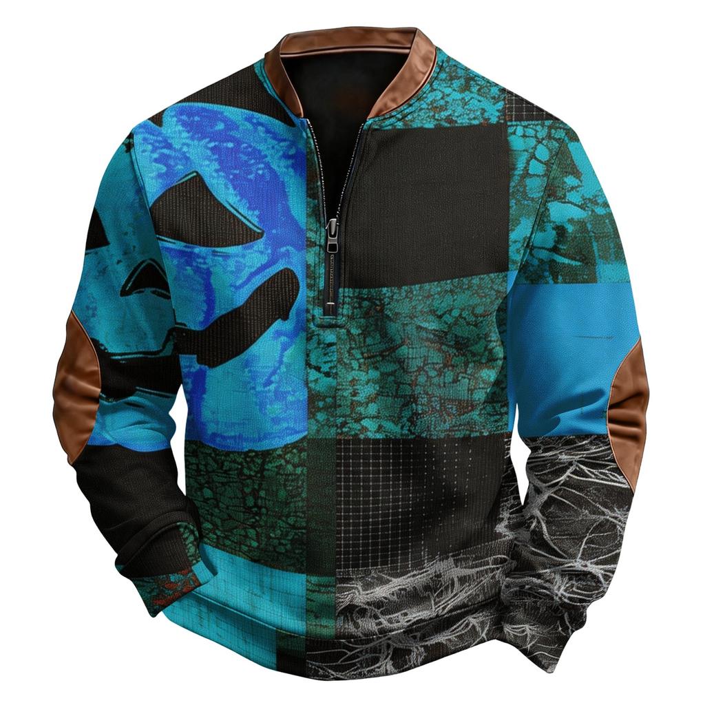 Men's Casual Retro Half Zip Long Sleeve Sweatshirt with Halloween Print