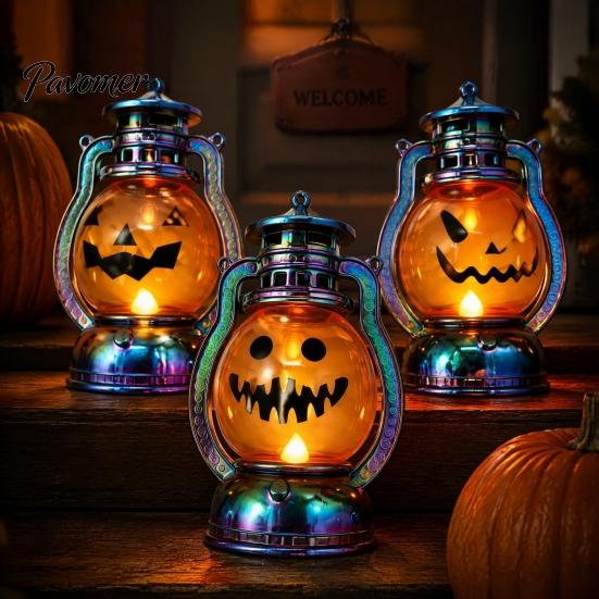 Durable Plastic Lamp Halloween Pumpkin Lantern, Flickering LED Lamp, Vintage Handheld Spooky Night Decor Oil for Tabletop Indoor Outdoor Party