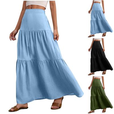 Damen Sommer Maxikleid Boho Rüschen Stufen Gummizug Hohe Taille Fließend Lässig A-Linie Lange Röcke
