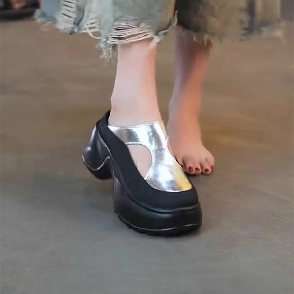 

Super high heel hollow small bag head half slippers women wear muffin thick sole to increase height cool slippers lazy shoes 39