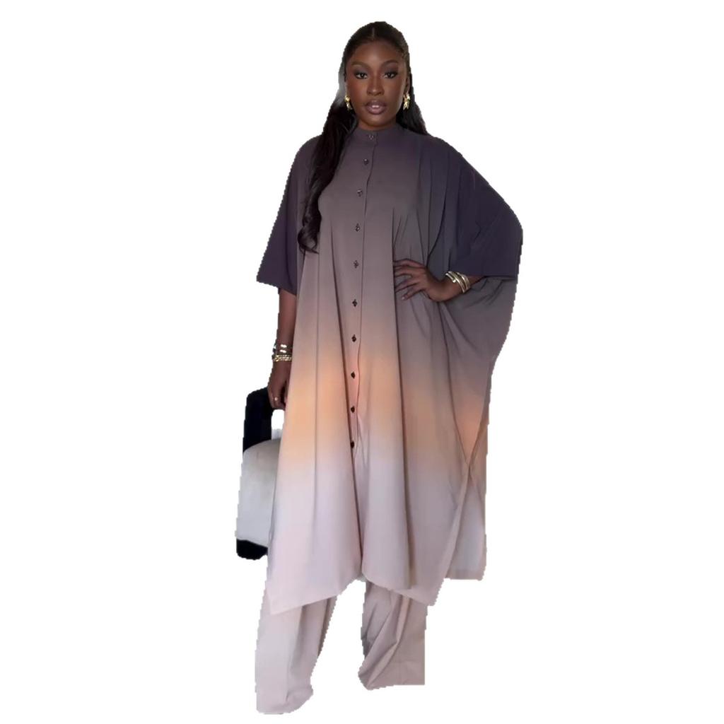 2026 Spring New Stand Collar Bat Sleeve Gradient Wide-Leg Pants Casual Loose Top Two-Piece Set