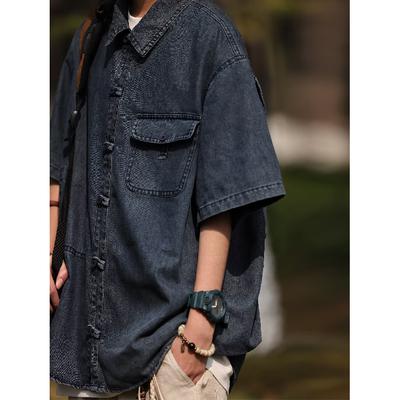 Camicia di Jeans da Uomo Estiva Nuovo Stile Distressed Lavata Retro Manica Corta Street Trendy Workwear Stile Militare Camicia Top