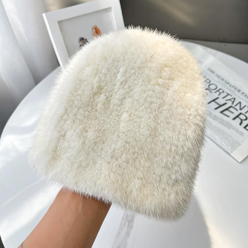 Autumn and Winter Warm Women's Double-sided Mink Hair Woven Fur Hat Retro Versatile Fashion Elastic Melon Rind Small Round Hat