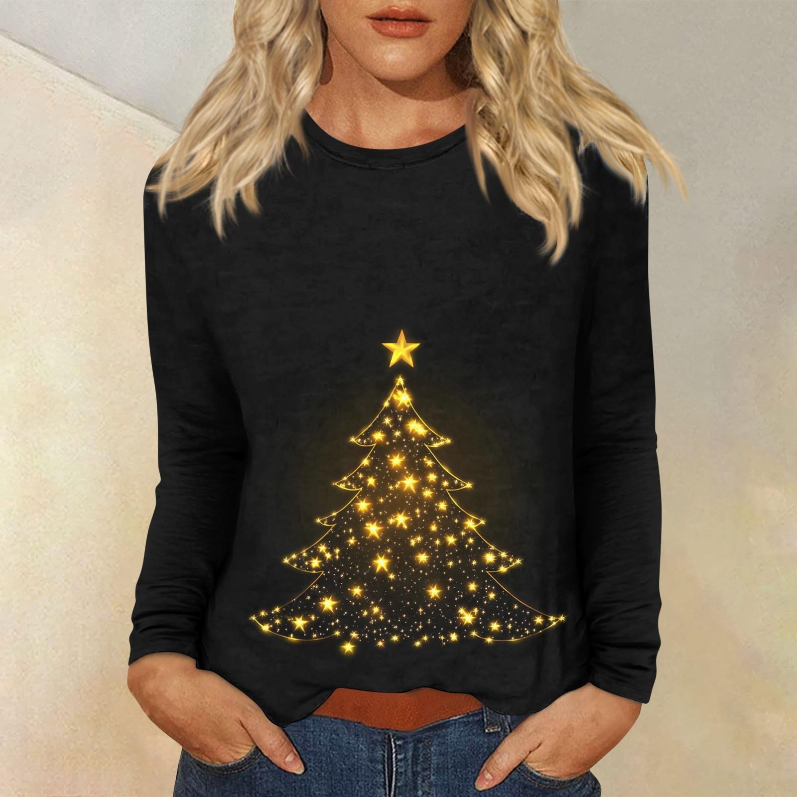 

Женский повседневный повседневный топ с длинными рукавами и рождественским принтом с круглым вырезом L золотой