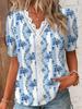 V Neck Summer Printed Floral Blouse Women Fashion Casual Puff Short Sleeve Lace Shirt Elegant Female Loose Simple Ladies Tops 369