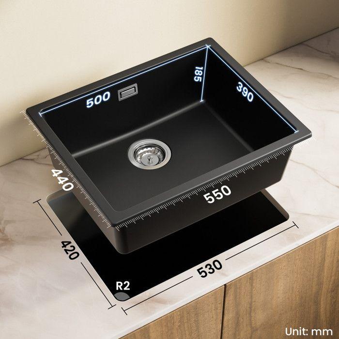 Kitchen Sink - Granite - 55x44cm - Anthracite Black - 1 Bowl - Undermount
