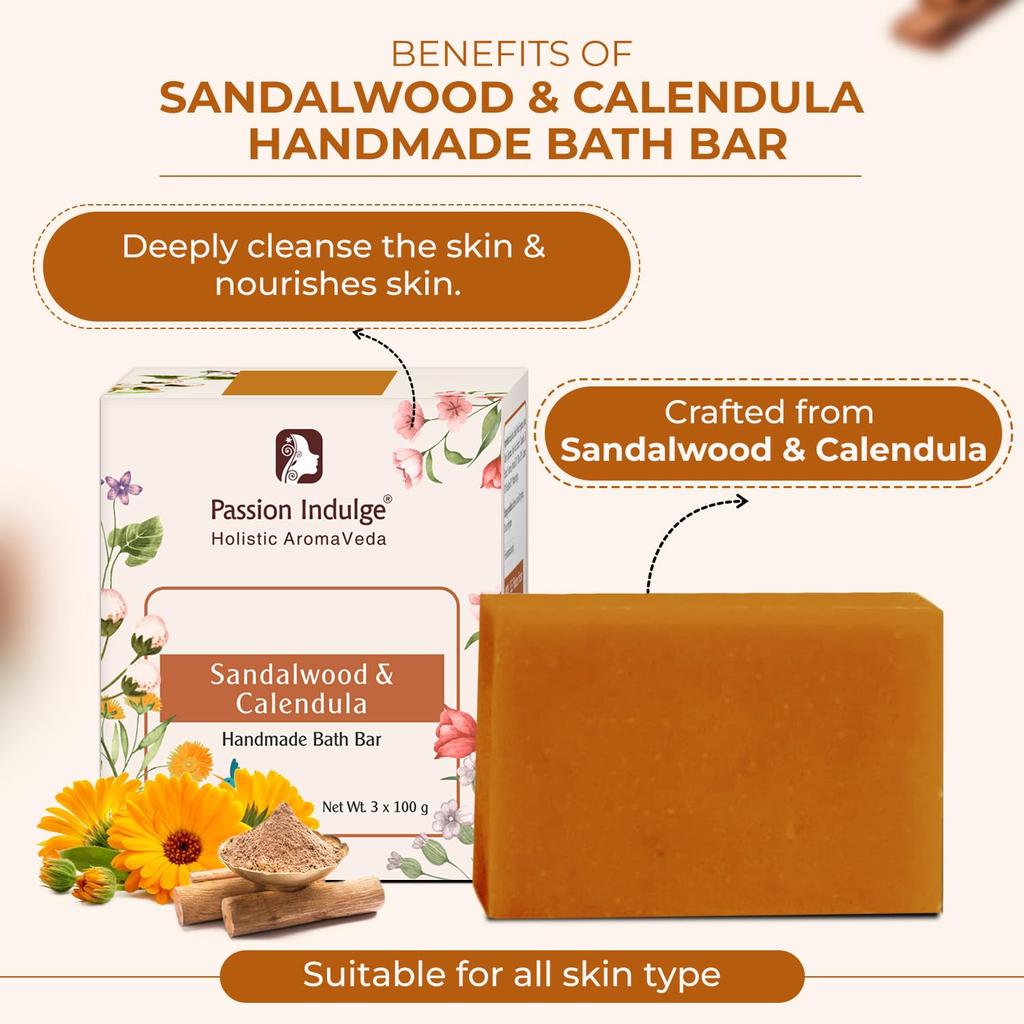 Passion Indulge Sandalwood & Calendula Bath Bar | Gentle Cleansing Soap | Nourishing & Soothing | Suitable for All Skin Types | 100g Each (Pack of