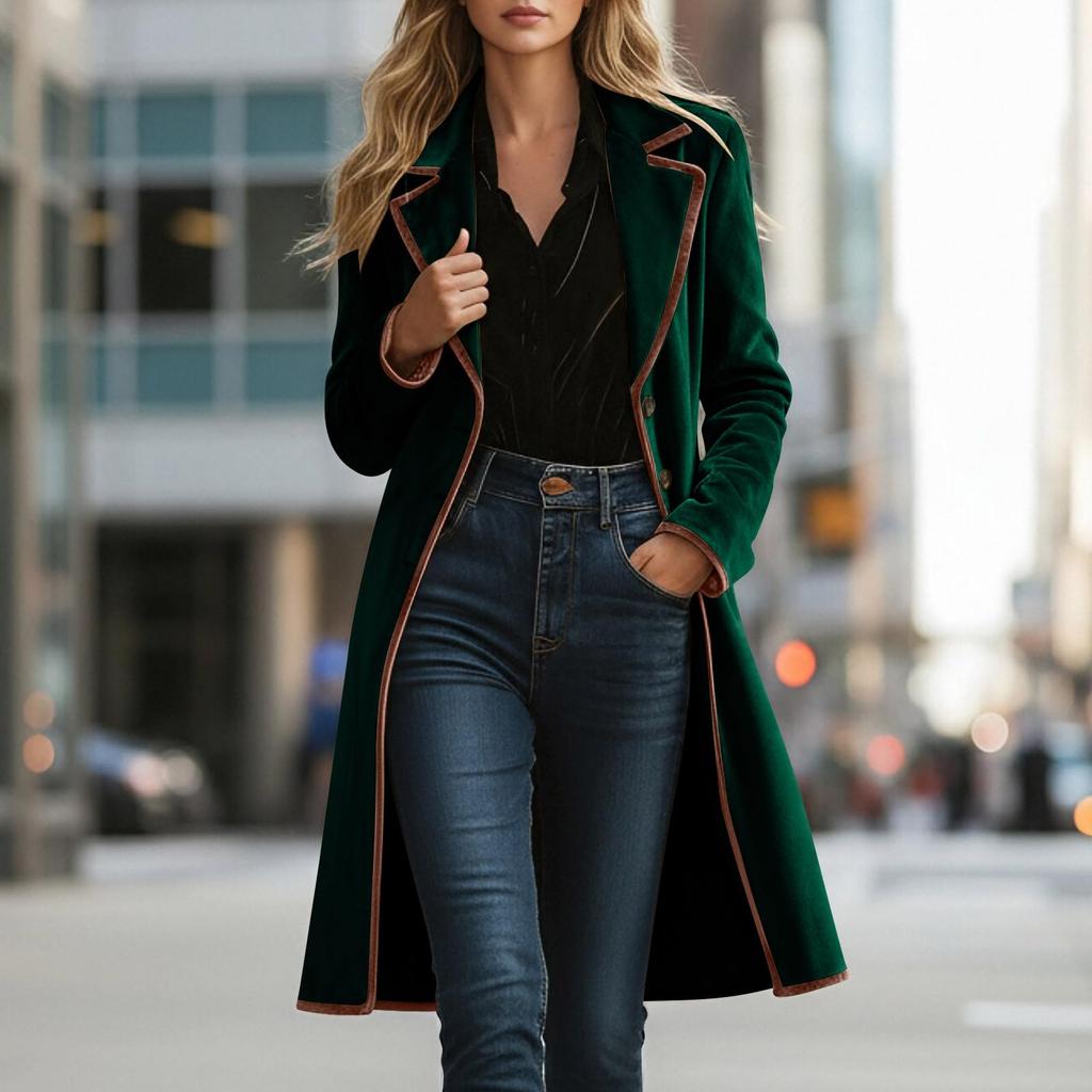 Damen Modische Einfarbige Revers-Knopf-Taschen Lange Goldener Samt Lockere Jacke