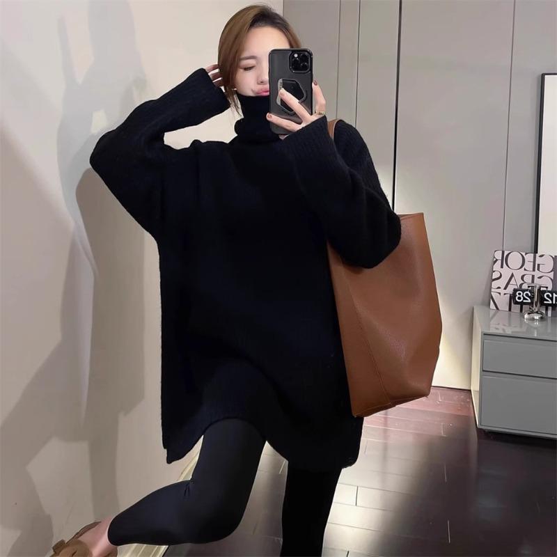 

Lazy wind autumn and winter new knitted bottoming shirt top women s loose large version thin long-sleeved turtleneck sweater women one size fits all чорний
