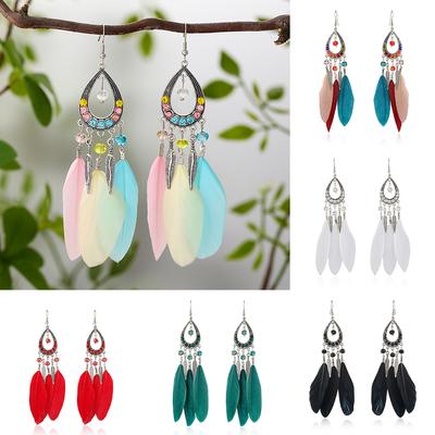 Bohem Kadın El Yapımı Küpeler Kadın İçin Renkli Uzun Tüy Kristal Damla Püsküllü Sallantılı Küpe Bayanlar Boho Takı Hediye