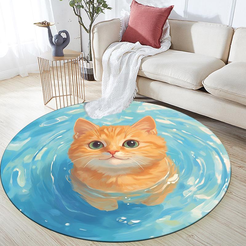 Water Ripple Cat,Round Area Rug,Carpet Rug for Living Room Bedroom Sofa Playroom Decor,Non-slip Floor Mat