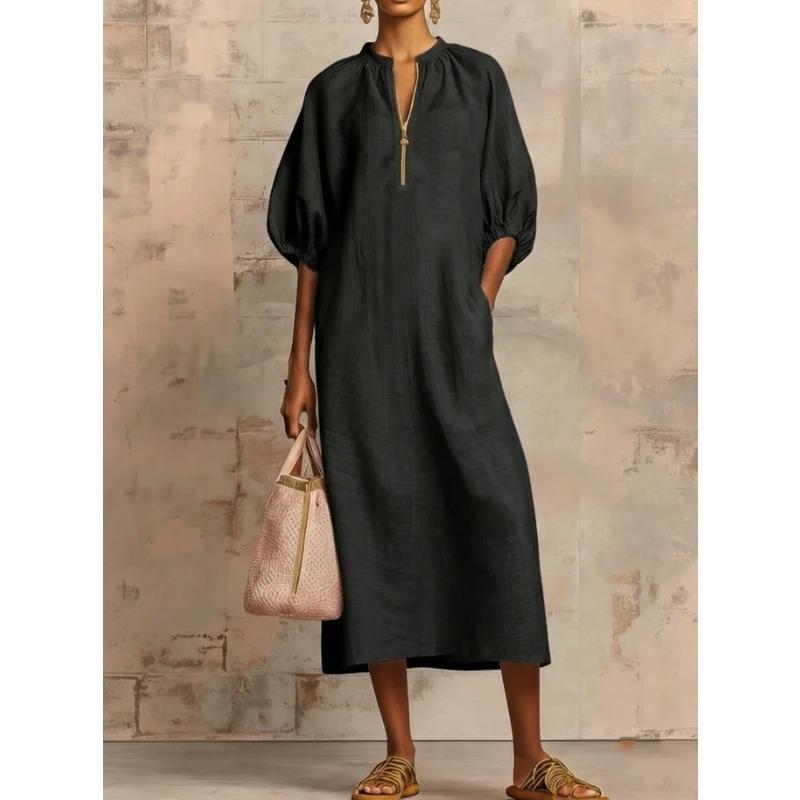 QICED Fashion Summer Spring Solid Color Print 1/2 Sleeves V-Neck Casual Dresses