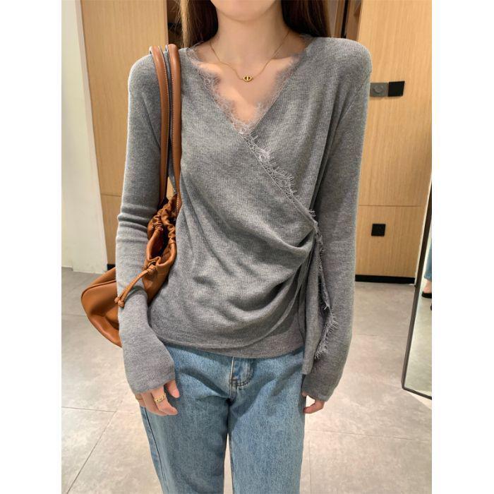 Korean Style Patchwork Lace Waist-Hugging Irregular Knit Top for Women