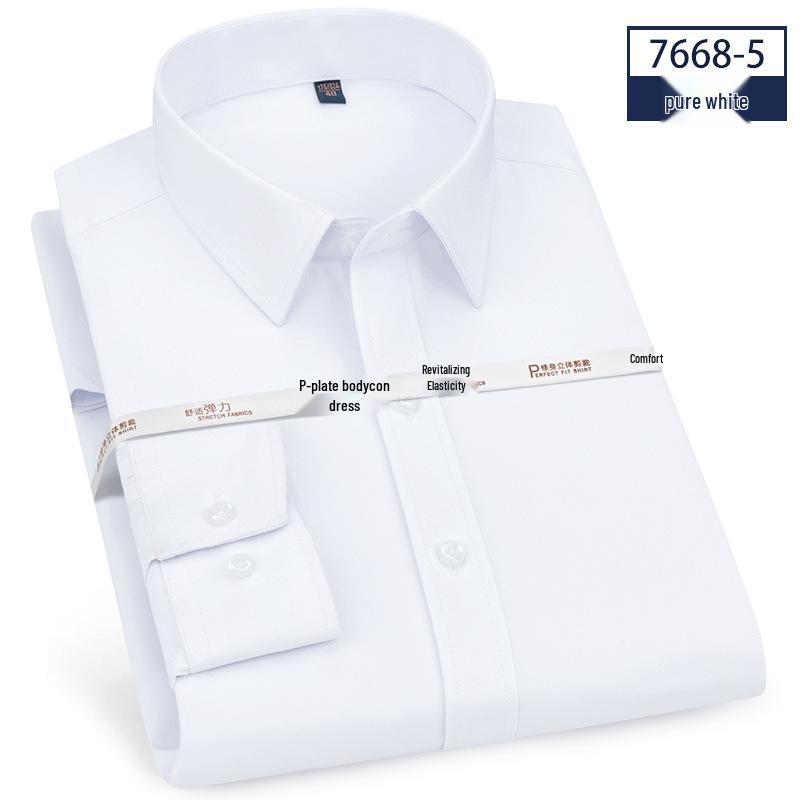 High Elasticity Non-Iron Slim Fit Men's Long Sleeve White Collar Business Casual Shirt with Pocket for Spring and Autumn.