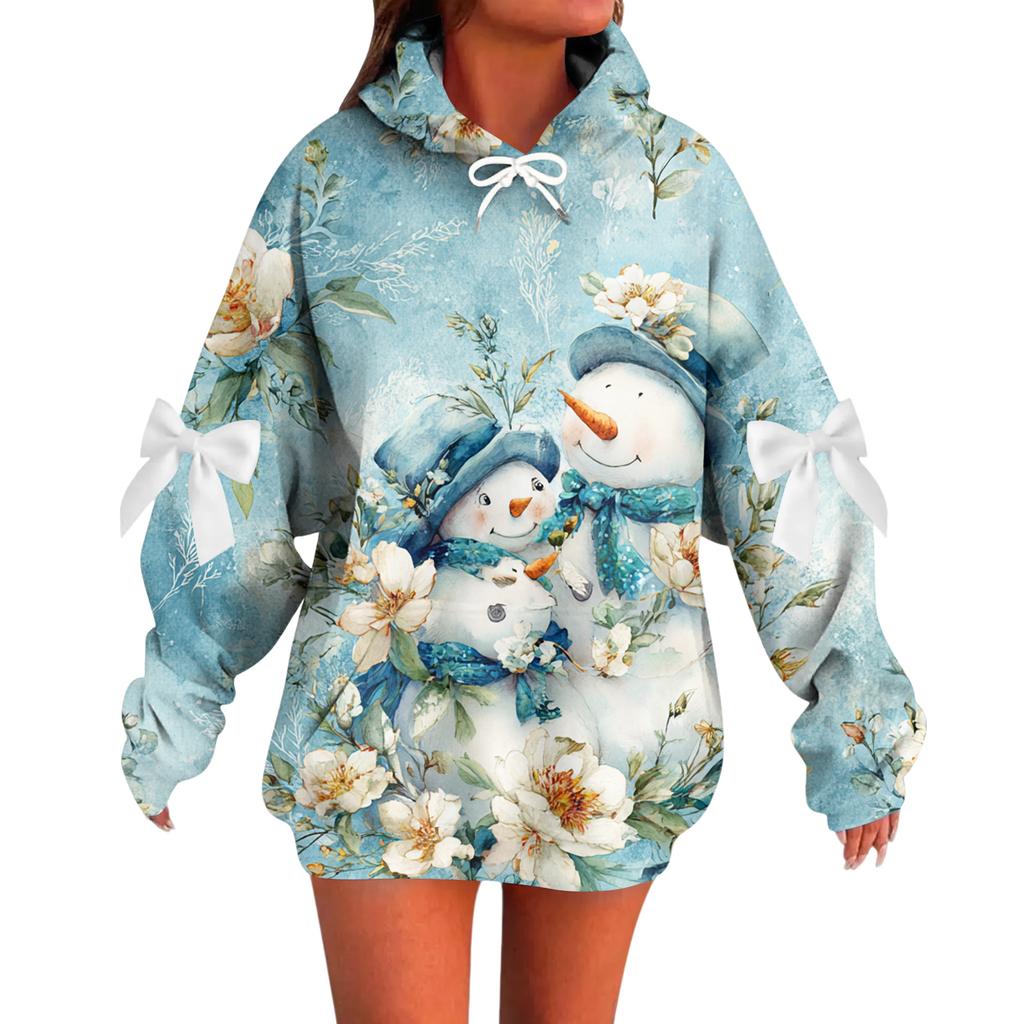 Ladies' Christmas Printed Bow Long Sleeved Loose Fitting Headband With Rope Hooded Sweatshirt Top